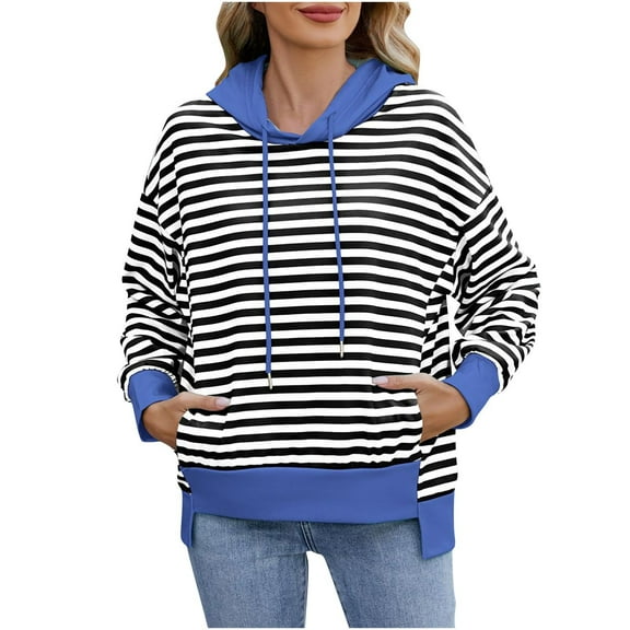 Bpmpbo Women's Athletic Sweatshirts Shirts New Long Sleeve Hooded Drawstring Striped Pullover Shirts Casual Irregular Slit Hem Top Clothes with Pockets