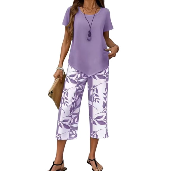 Women's Two-Piece Sets Summer Short Sleeve Top and Floral Print Wide-Leg Capri Pants Travel Airport Vacation Outfits