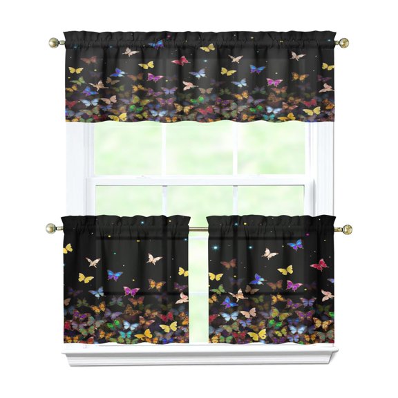 Ent Butterfly Kitchen Curtains and Valances Set - 3 Piece Kitchen Curtains Sets with Valance for Windows Rod Pocket Machine Washable Kitchen Decor Decorations (54"x18" 2x27.5"x24")