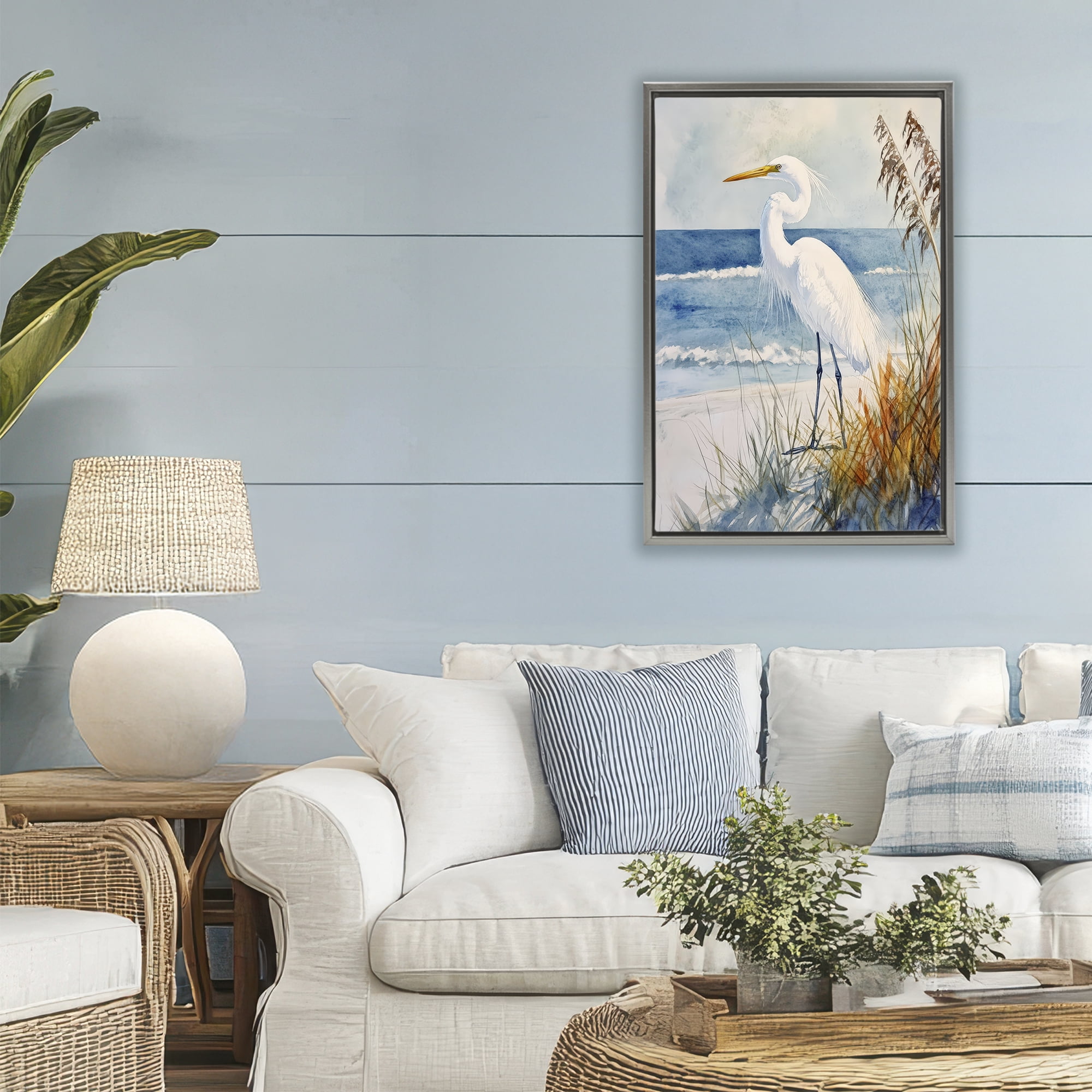 Stupell Industries Egret By The Waves Gray Framed Floater Canvas Wall Art, design by Petal Prints Design