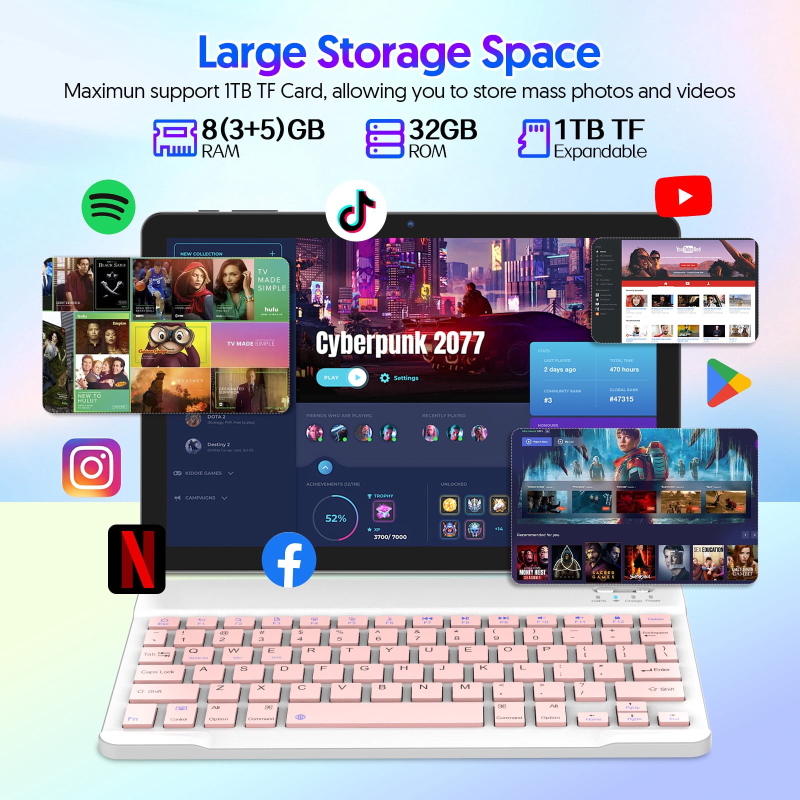 FITIFUN 10.1 Inch Tablets Android 14 Tablet with Keyboard, 8GB RAM 32GB ROM 1TB Expand,Octa-Core, 6000mA,5G WiFi6,HD IPS Display, Dual Camera