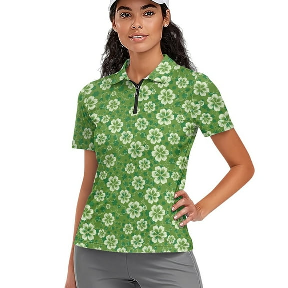 COEQINE Women 1/4 Zip Golf Shirts St. Patrick's Day Moisture Wicking Quick Dry Fit Golf Polo Shirt Lightweight Short Sleeve Sportswear White and Green Shamrock Print Quick Dry Fit Tennis Shirts, XS