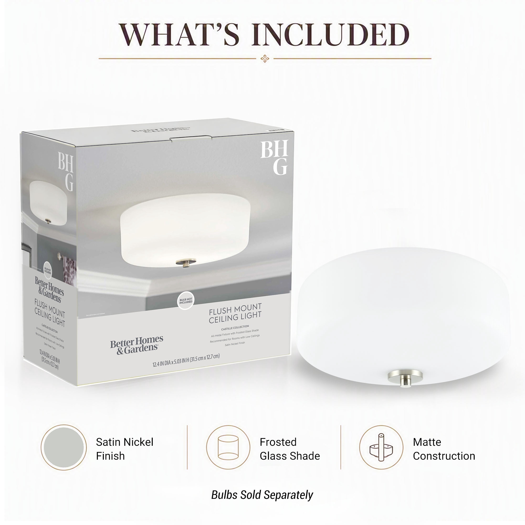 (2 pack) Better Homes & Gardens Flush Mount Ceiling Light, 12.4 in, Satin Nickel, Frosted Glass, No Bulb Included