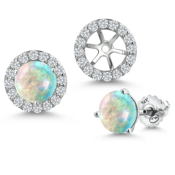 14K White Gold White Opal and Lab Grown Diamond Martini 3 Prong Secure Screw-Backs Stud Earrings for Women with Removable Jackets | 1.08 Cttw | Gemstone October Birthstone | Round Cabochon 6MM