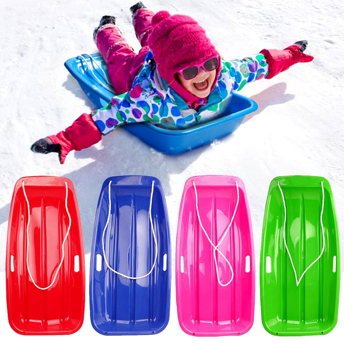 LARGE PLASTIC SLEDGE WITH ROPE WINTER OUTDOOR SNOW KIDS TOBOGGAN SLED BLUE 