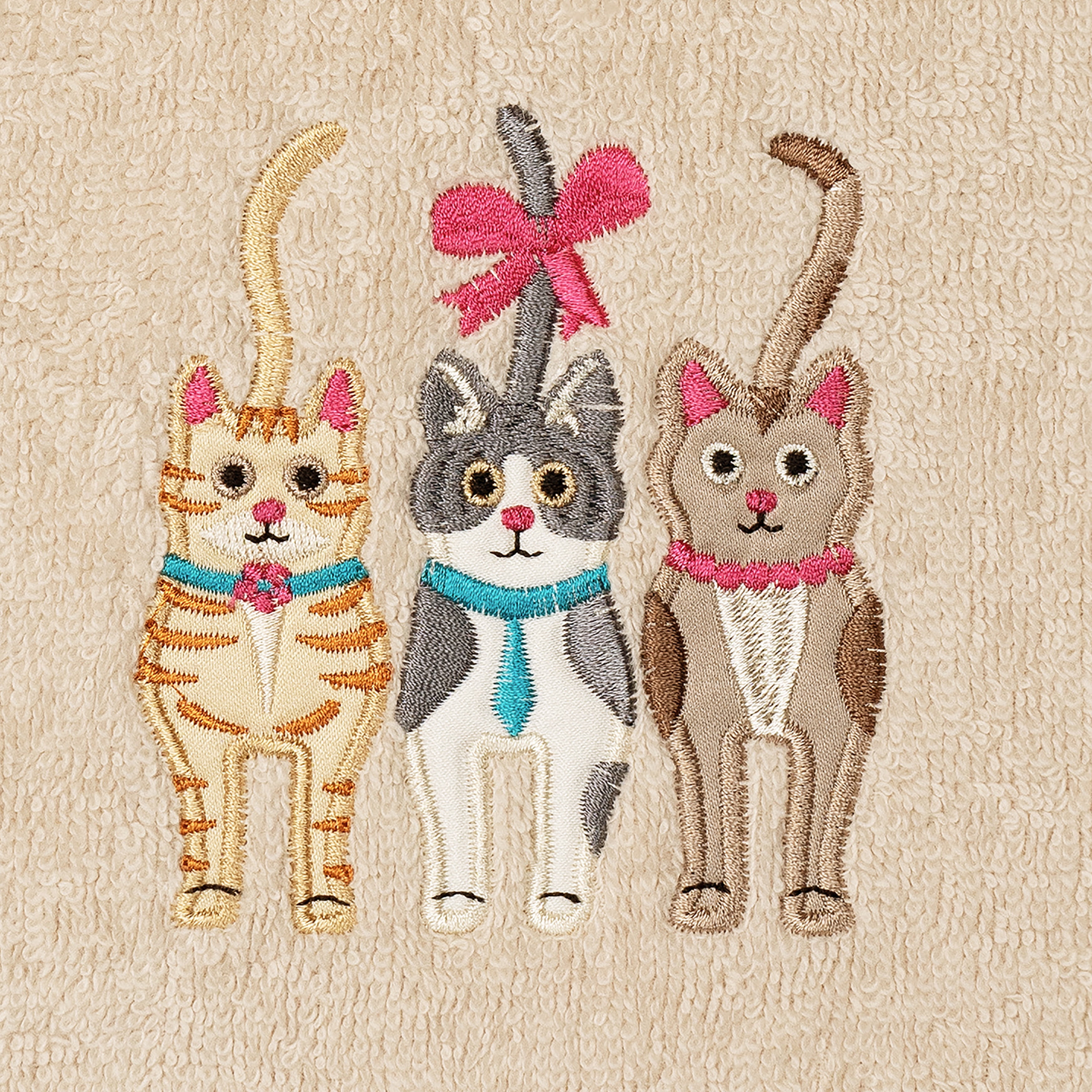 Linum Home Textiles Cats Embroidered Luxury 2 Piece Turkish Cotton Hand Towels, 16" x 30", Sand Beige