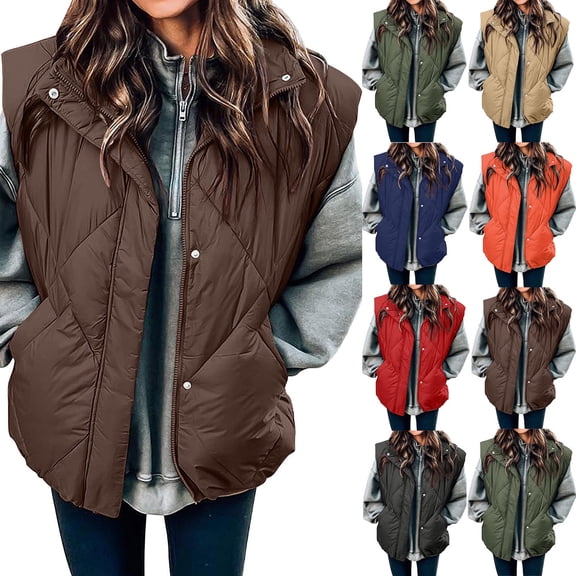 Lovzfmll Winter Coats for Women, Solid Color Stand Collar Vest, Sleeveless Quilted Puffer Jacket, Winter Clothing