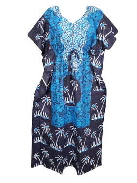 Mogul Women Maxi Kaftan Dress Printed Blue Bohemian Kimono Coverup Caftan One Size