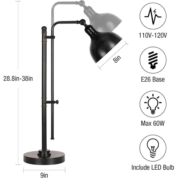 Industrial Adjustable Desk Lamp for Home Office, Farmhouse Table lamp, Rustic Metal Task Desk Lamp in Aged Bronze Finish, Vintage Reading Lamp for Study Room, Black