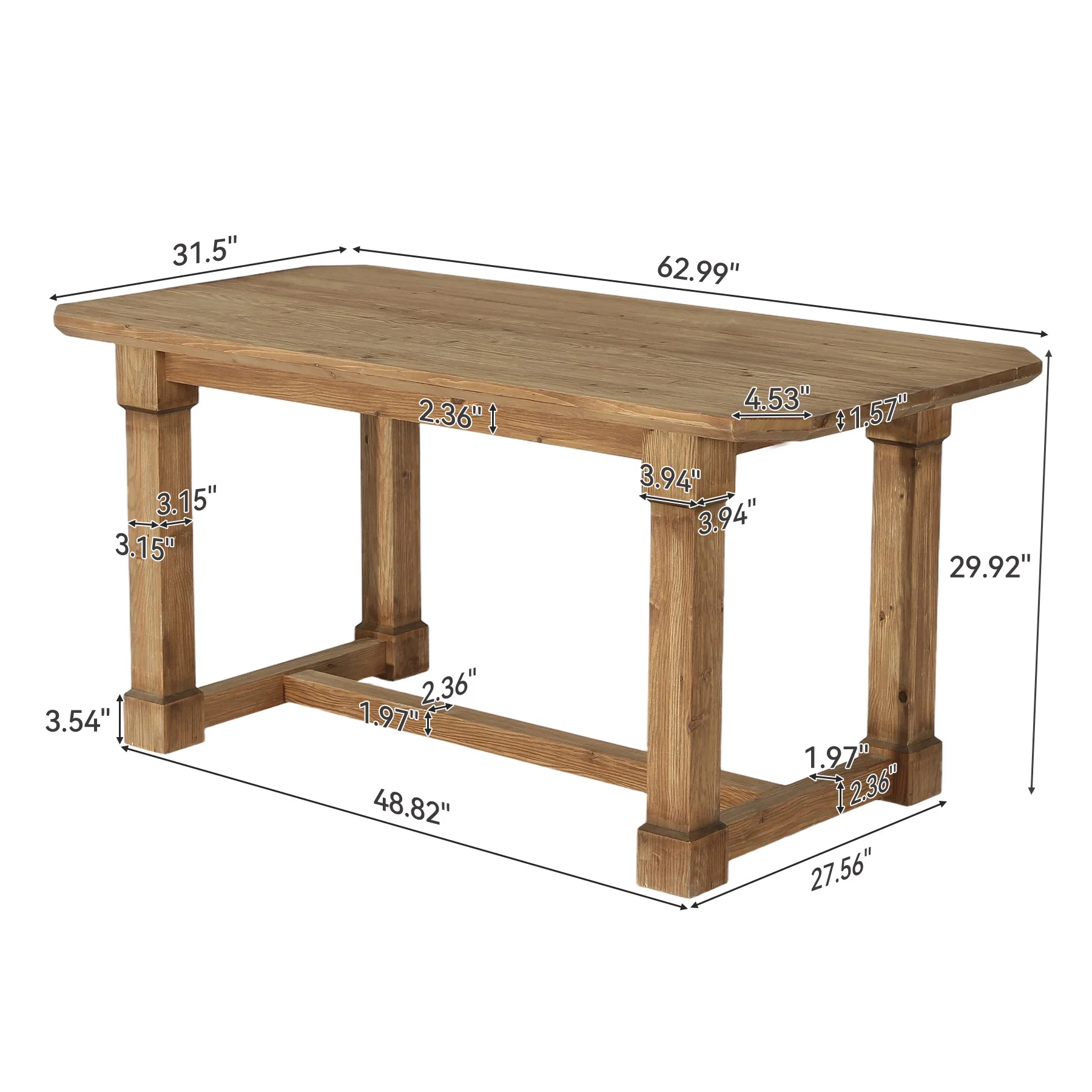 Hommoo 63 Inch Solid Wood Farmhouse Dining Table for 4–6 People, Rustic Rectangular Kitchen Table with Heavy-Duty Square Legs & Reinforced Crossbar Support, Natural