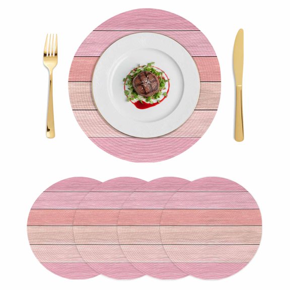 Pink Wooden Grain Round 13 Inch Placemats Set of 4, Vintage Chic Geometric Textured HeatResistant Non Slip Place Mats for Dining Table, Wipeable Braided Kitchen Table Mats for Housewarming