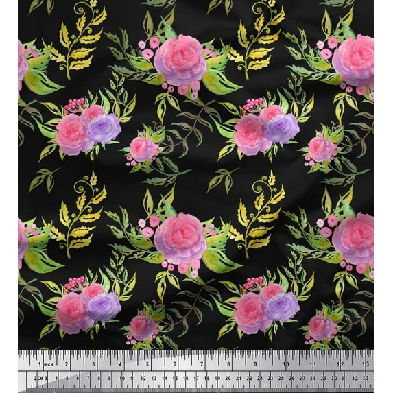 Soimoi Black Cotton Cambric Fabric Leaves & Rose Floral Fabric Prints By Yard 42 Inch Wide