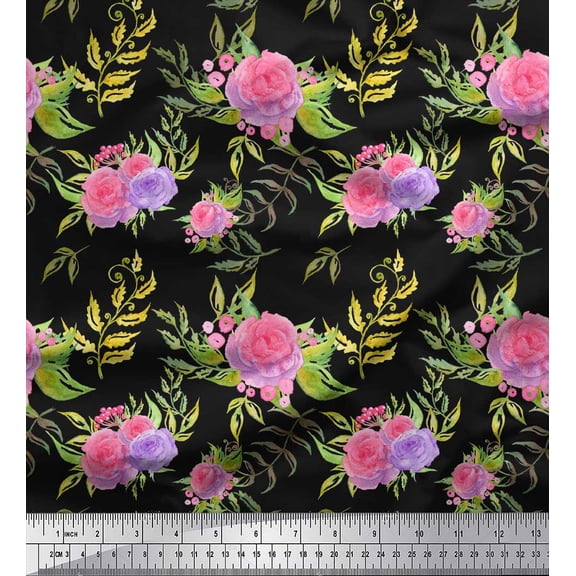 Soimoi Black Cotton Duck Fabric Leaves & Rose Floral Print Fabric by the Yard 44 Inch Wide