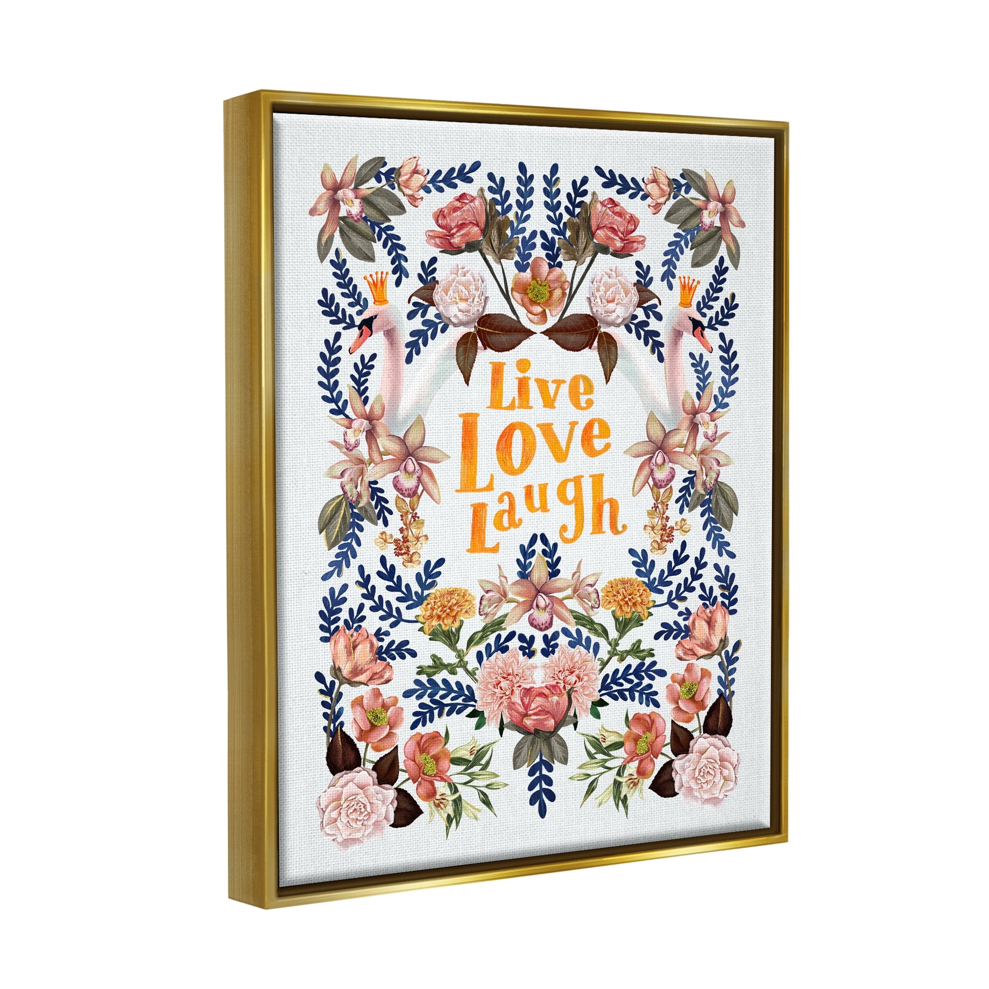 Stupell Industries Live Love Laugh Floral Crowned Swans Botanical Trim Graphic Art Metallic Gold Floating Framed Canvas Print Wall Art, Design by Raquel Maciel