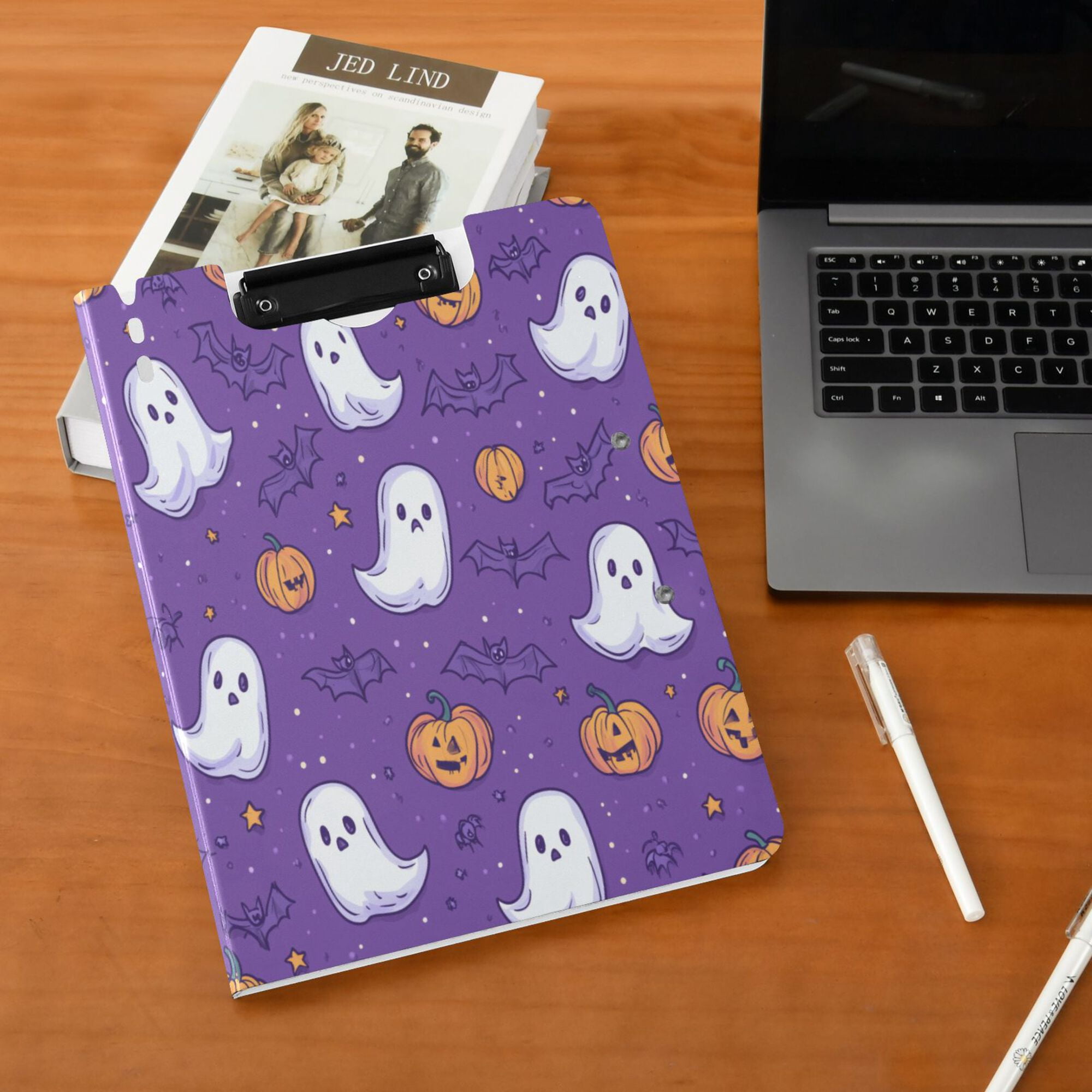 FORMRS A4 Clipboard Folder with Pen Holder Horizontal Foldable School Office Binder, Halloween Purple Ghosts