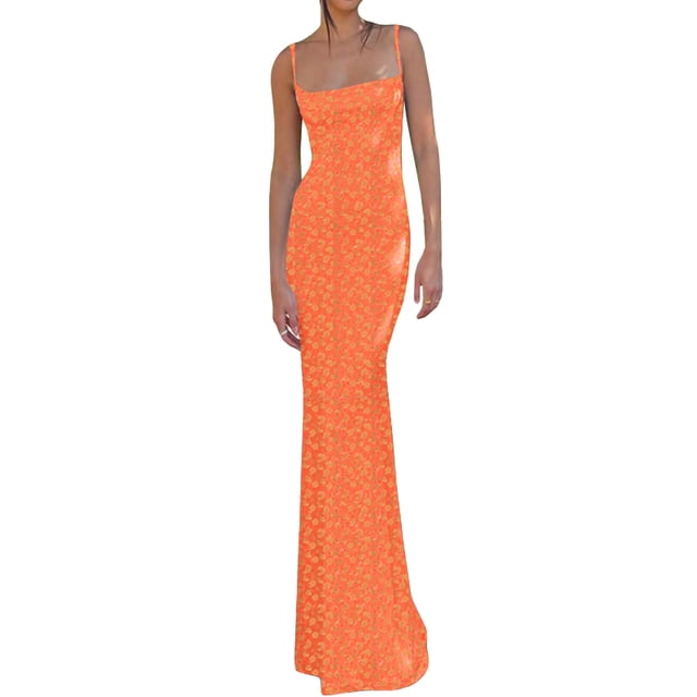 VISgogo Vestido largo casual para mujer, sin mangas, sin espalda, corte bajo, estampado floral, vestido de tirantes con vendaje en la espalda VISgogo moda
