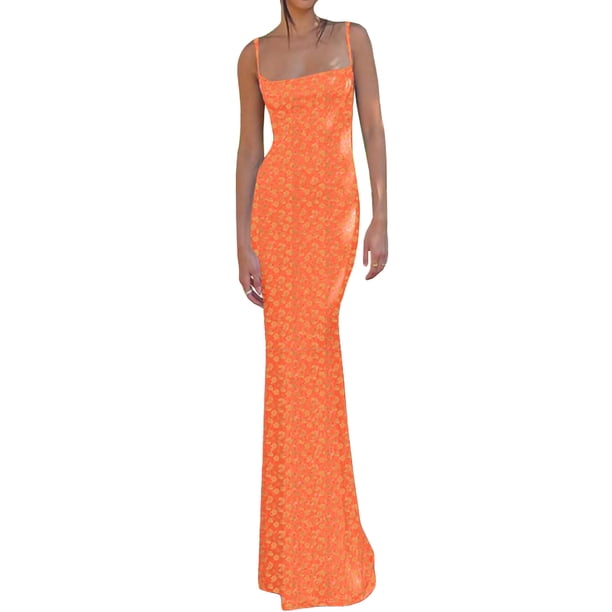 VISgogo Vestido largo casual para mujer, sin mangas, sin espalda, corte bajo, estampado floral, vestido de tirantes con vendaje en la espalda VISgogo moda