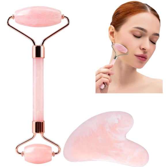 Pieces Quartz Facial Roller - Skin-friendly, jade-like skincare - Gua Sha facial massager roller - 14.5*5*2 cm - Suitable for daily facial care for men and women (pink)