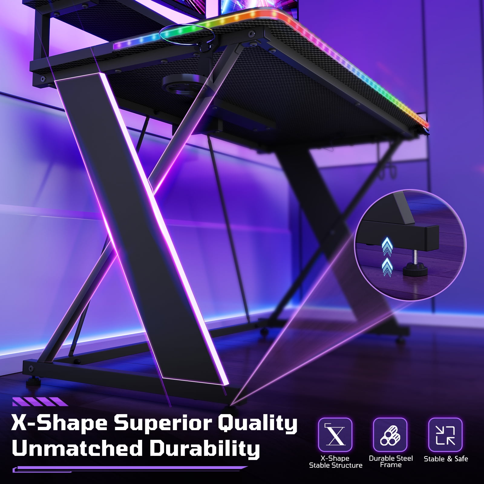 RSPGAME 43" Music Sync LED Gaming Desk,X-Shape Ergonomic Monitor Stand Gamer Table,PC Desk with Dynamic Lighting,Color Changing Office Desks,Black Racing