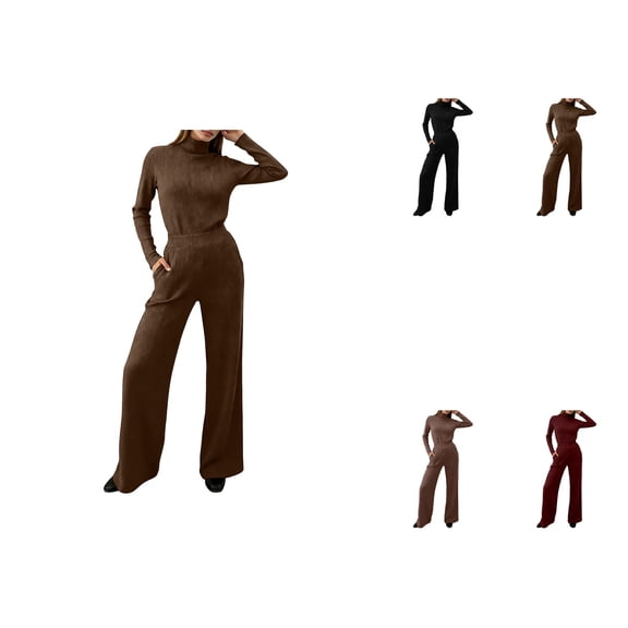 Women's Autumn/Winter Two-Piece Set: High Neck Long Sleeve Knit Sweater Top   Wide Leg Lounge Pants – Stylish, Elegant & Comfy Casual Airport Outfit