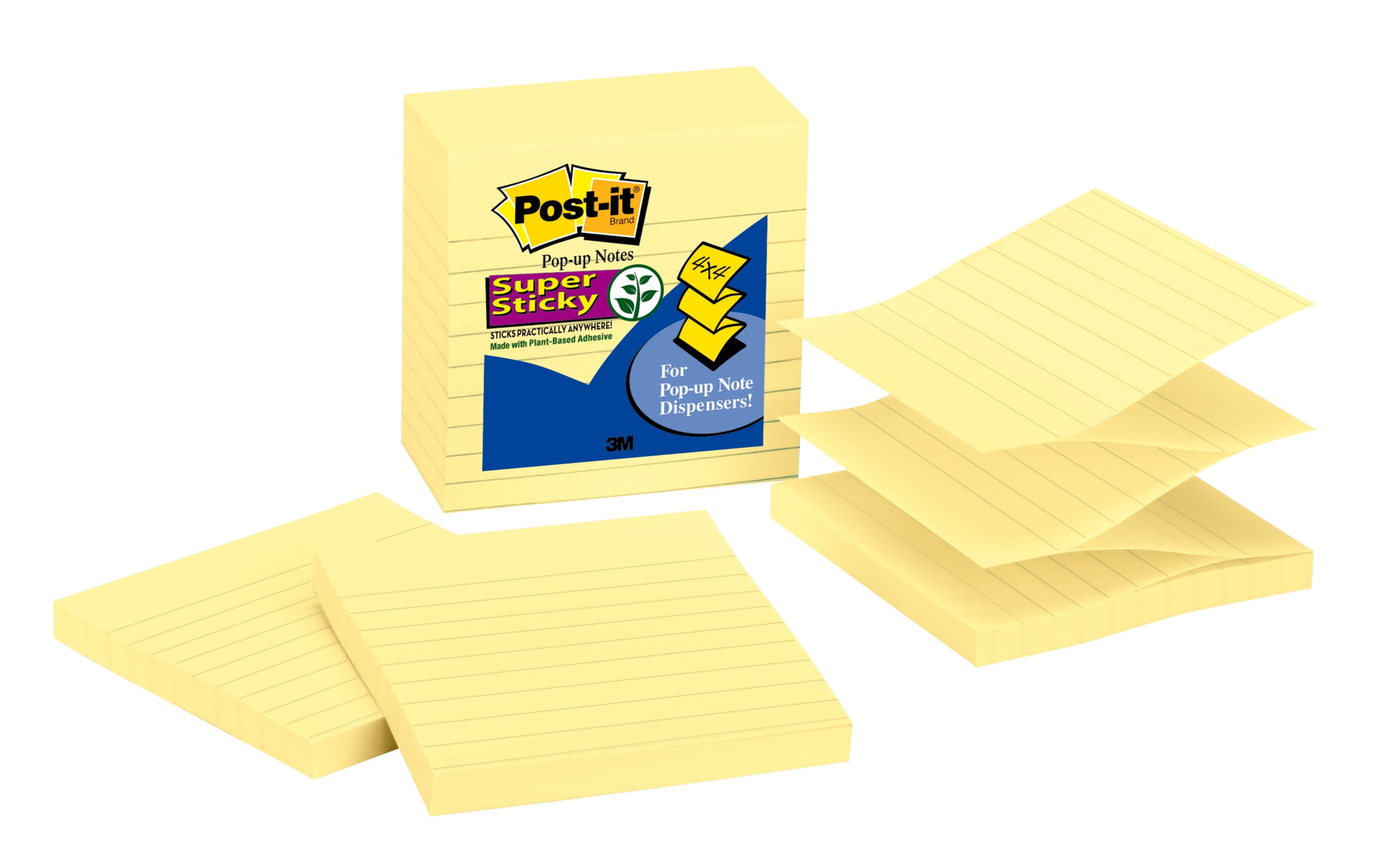 Postit Super Sticky Lined Popup Notes, 4" x 4",Canary Yellow, 5 Pads