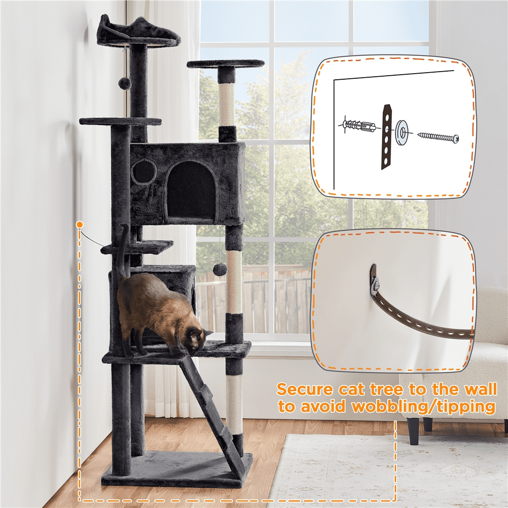 Alden Design 80″ Tall Multilevel Cat Tree with 2 Condos & 3 Scratching Posts for Kittens, Black