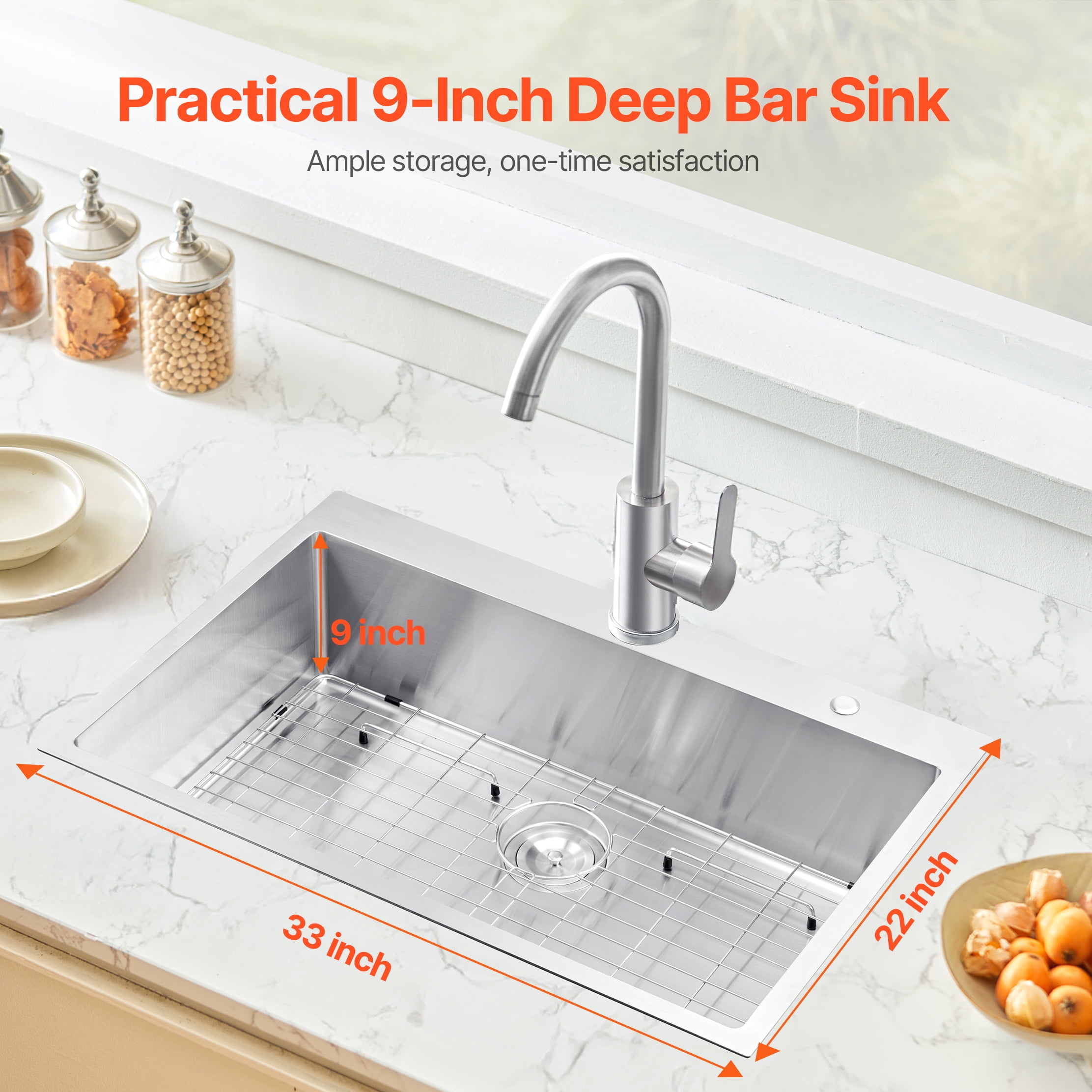KFFKFF 33" Drop-in Sink, Stainless Steel Kitchen Sink, Top-Mounted Single Bowl Basin, Comes with Drain Kit, Suitable for RV, Prep Kitchen