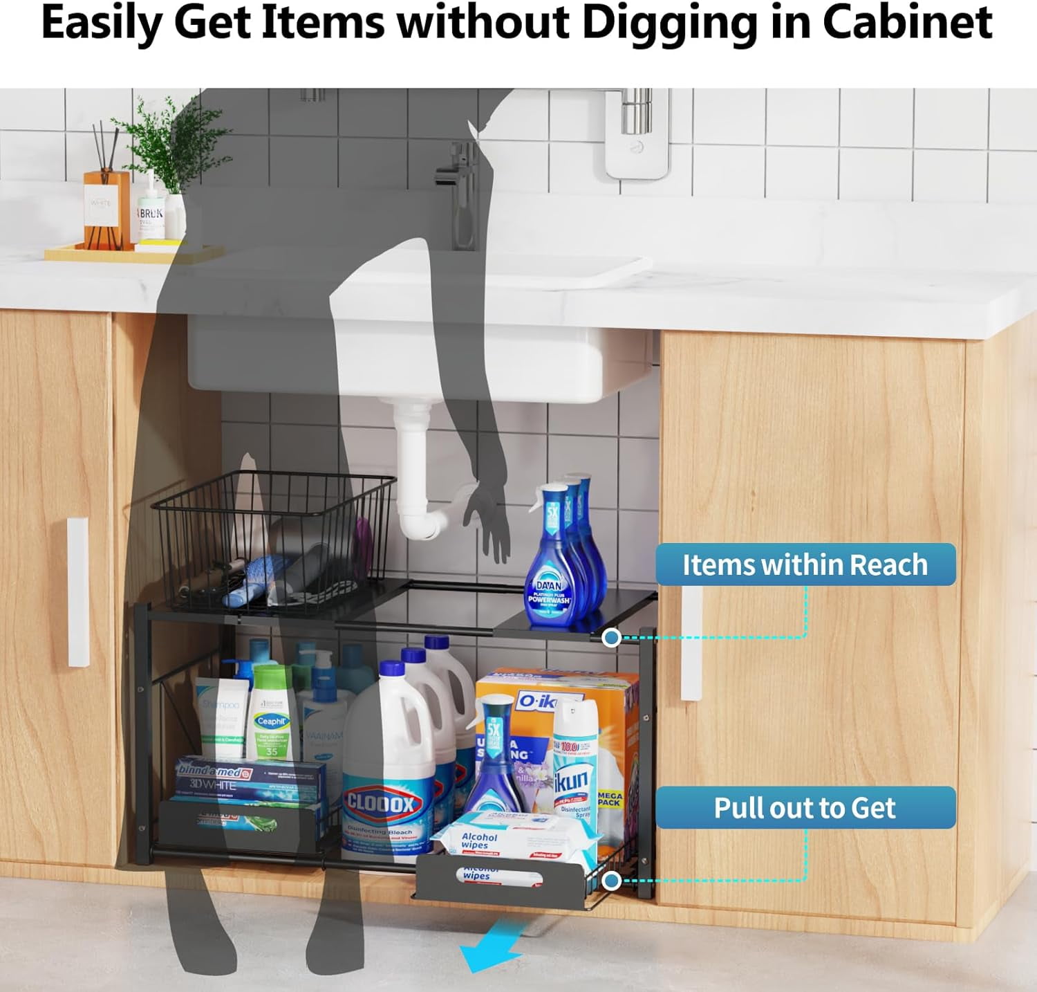RGHJAR-Extendable Under Sink Organizer - 2 Tier Expandable Under Cabinet Organizer Shelf with Height Adjustable Add Extra Space and Easy Access for 22" to 32" Wide Sink Cabinet, Black