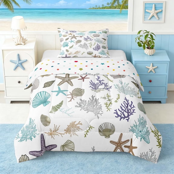 Manfei Watercolor Seashell Starfish Coral Twin Comforter Sets for Kids Boys and Girls, Coastal Sealife Bedding Set, Polka Dots Reversible 2pcs, 1 Comforter and 1 Pillowcase