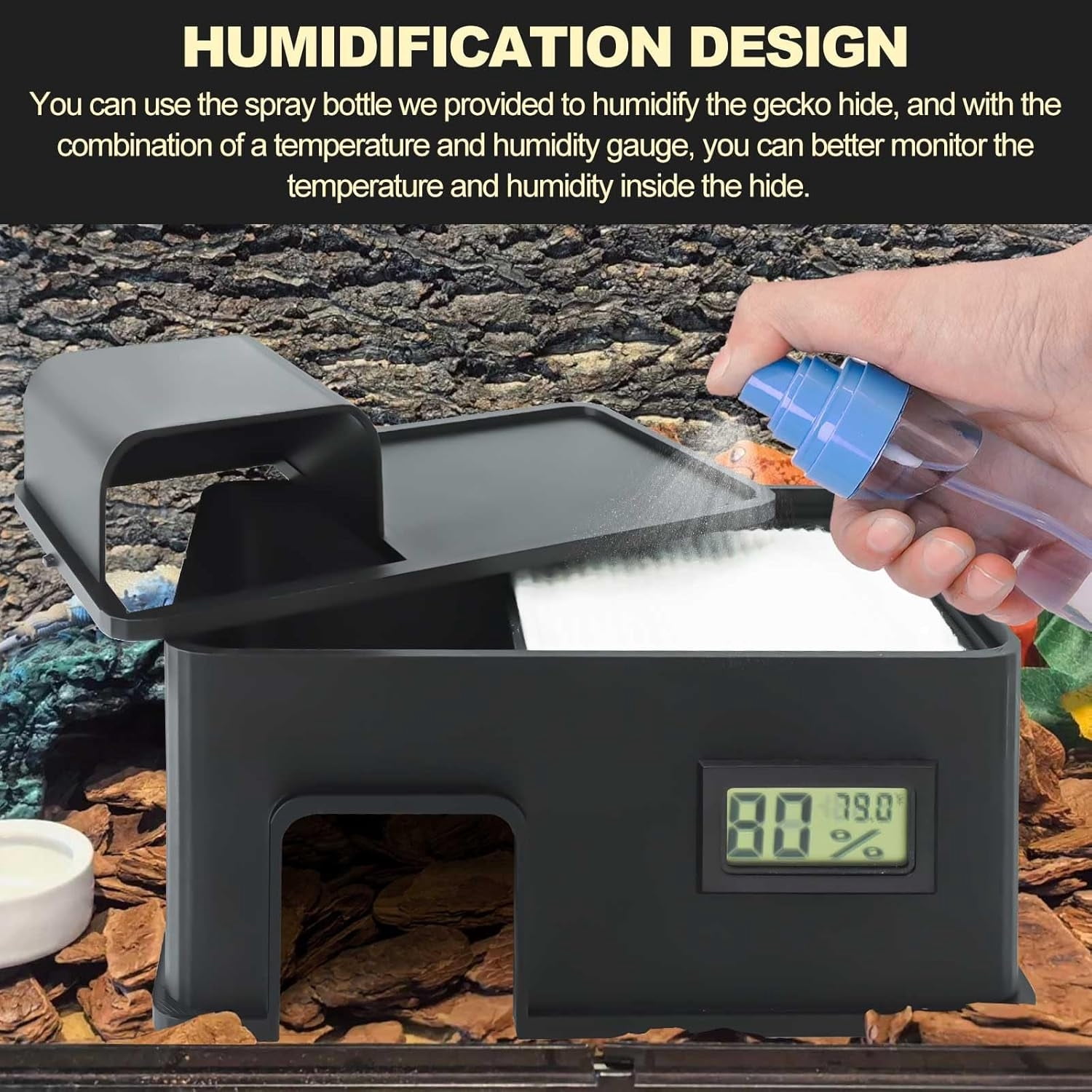 Reptile Humid Hideout with a Humidification Groove Equipped with a Temperature and Humidity Dish For Lizards,Corn Snake,Leopard Gecko