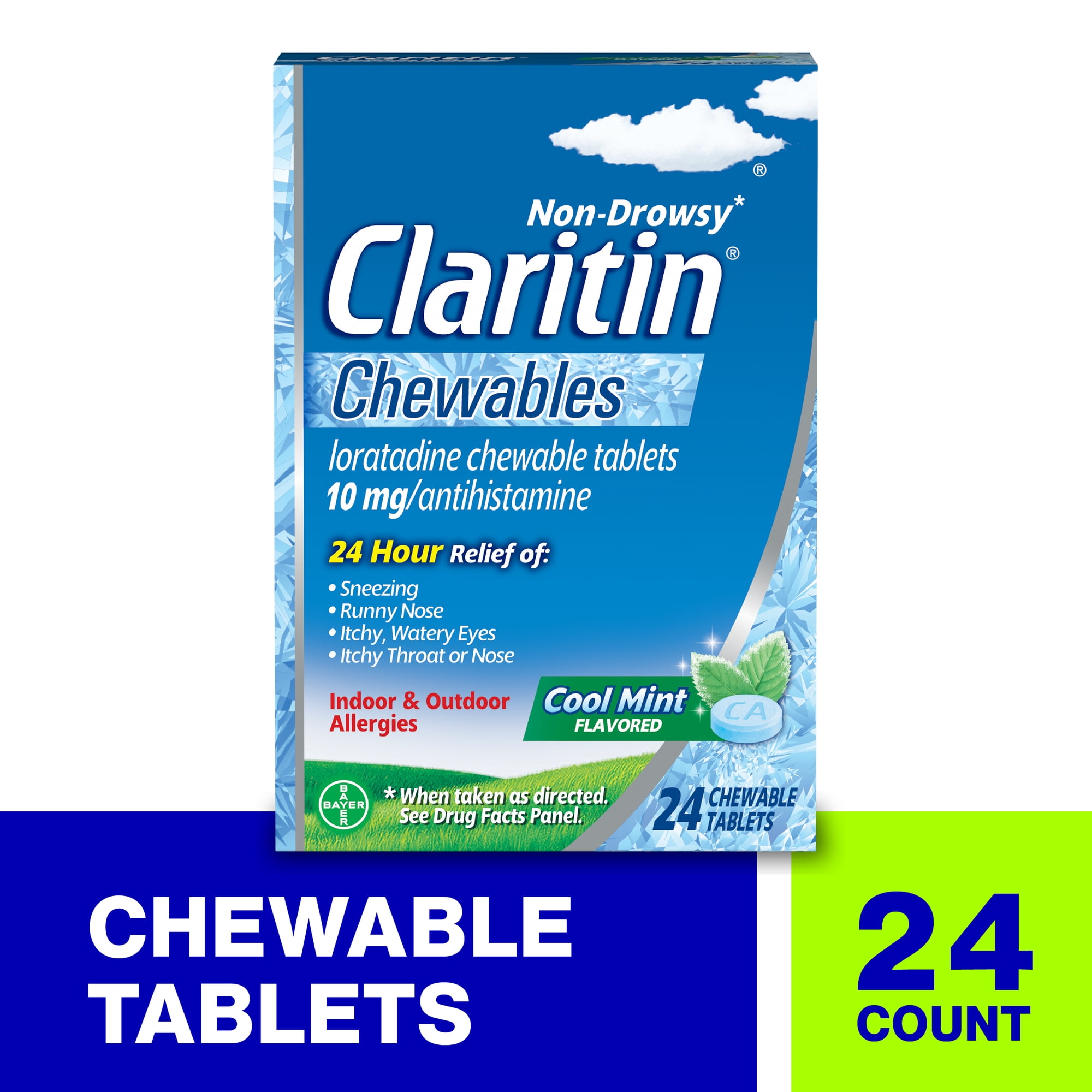 Claritin 24 Hour Non-Drowsy Antihistamine Allergy Relief Medicine Cool Mint Chewable Tablet, 24 Ct