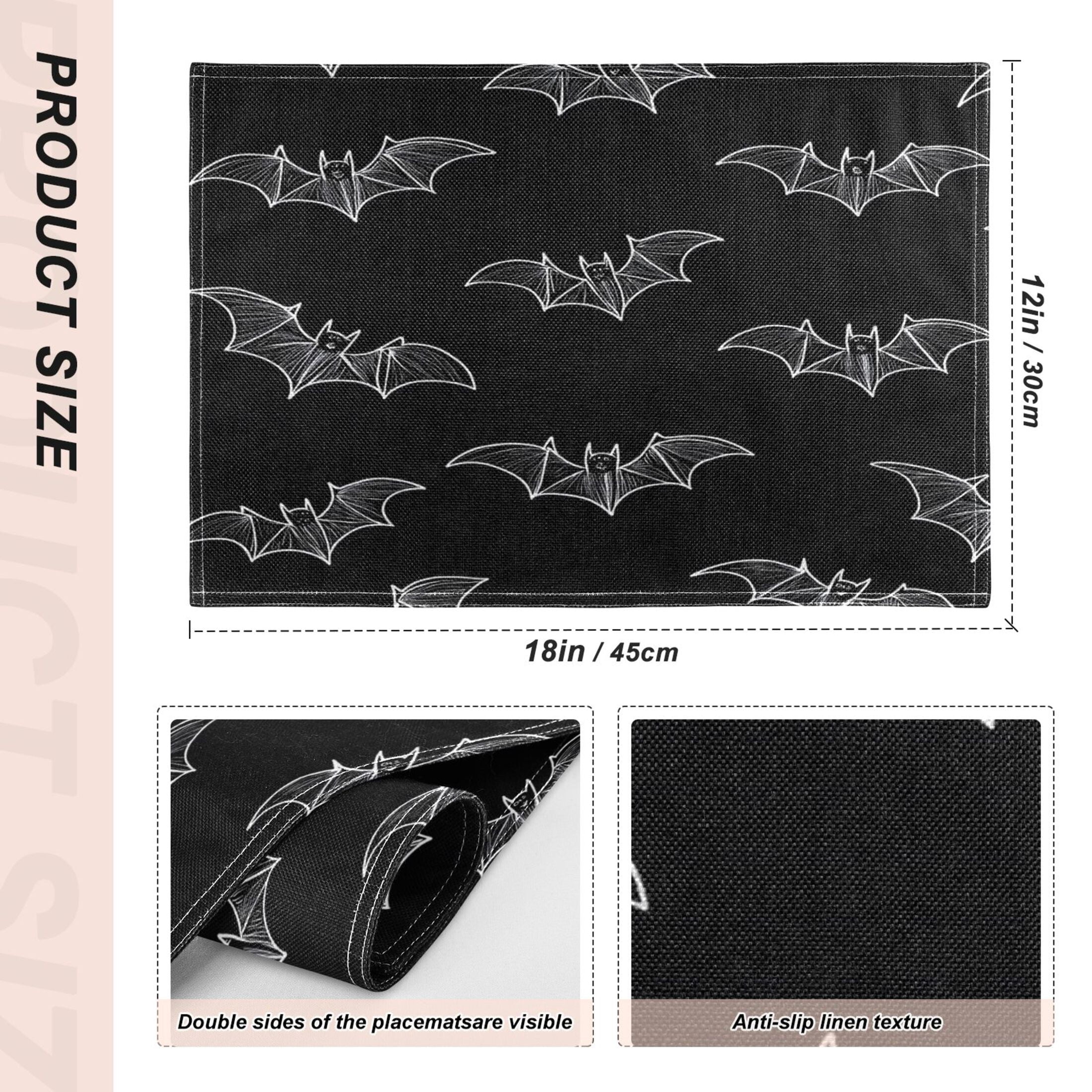 Black Bat Placemats Set of 6 Coffee Mats, Non Slip Backing 18x12 Inch for Home and Restaurants
