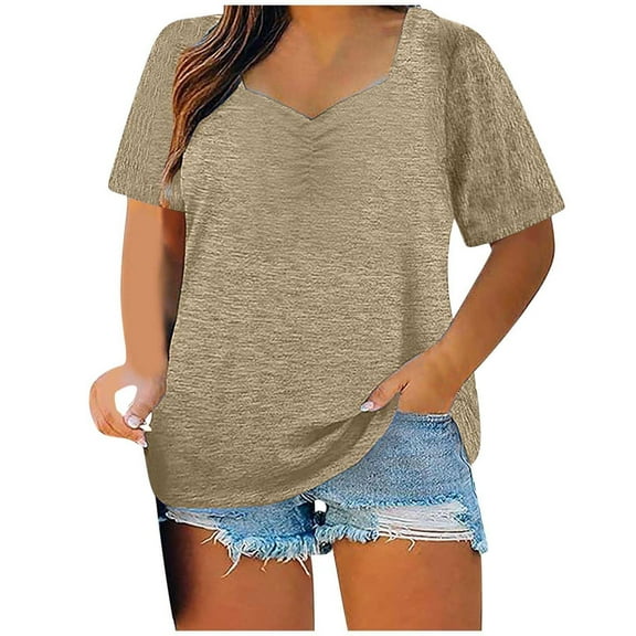 Scyoekwg Solid Color Plus Size Tops for Women Summer V-Neck Oversized T-shirt Trendy Short Sleeve T Shirts Casual Loose Blouses (Khaki,XXXXXL)