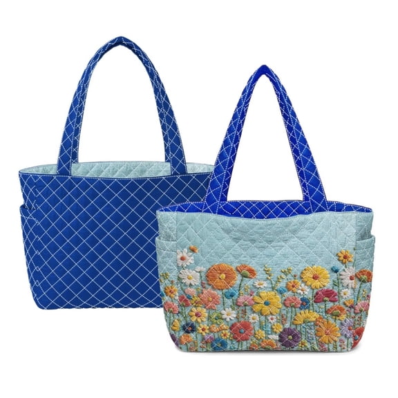 Pzuqiu Floral Embroidered Women's Large Quilted Tote Bags Reversible Lightweight Blue Shoulder Handbags for Work, Shopping, Travel, College, Everyday Use