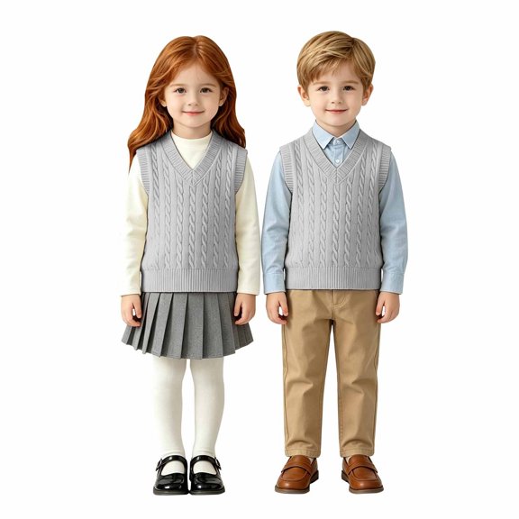 AUDeals Kids Cable Knit Sweater Vest, Crochet V Neck Sleeveless Pullover, Cotton School Uniform Waistcoat, Loose Fit Lightweight Sweater (Grey, 1-2 Years)