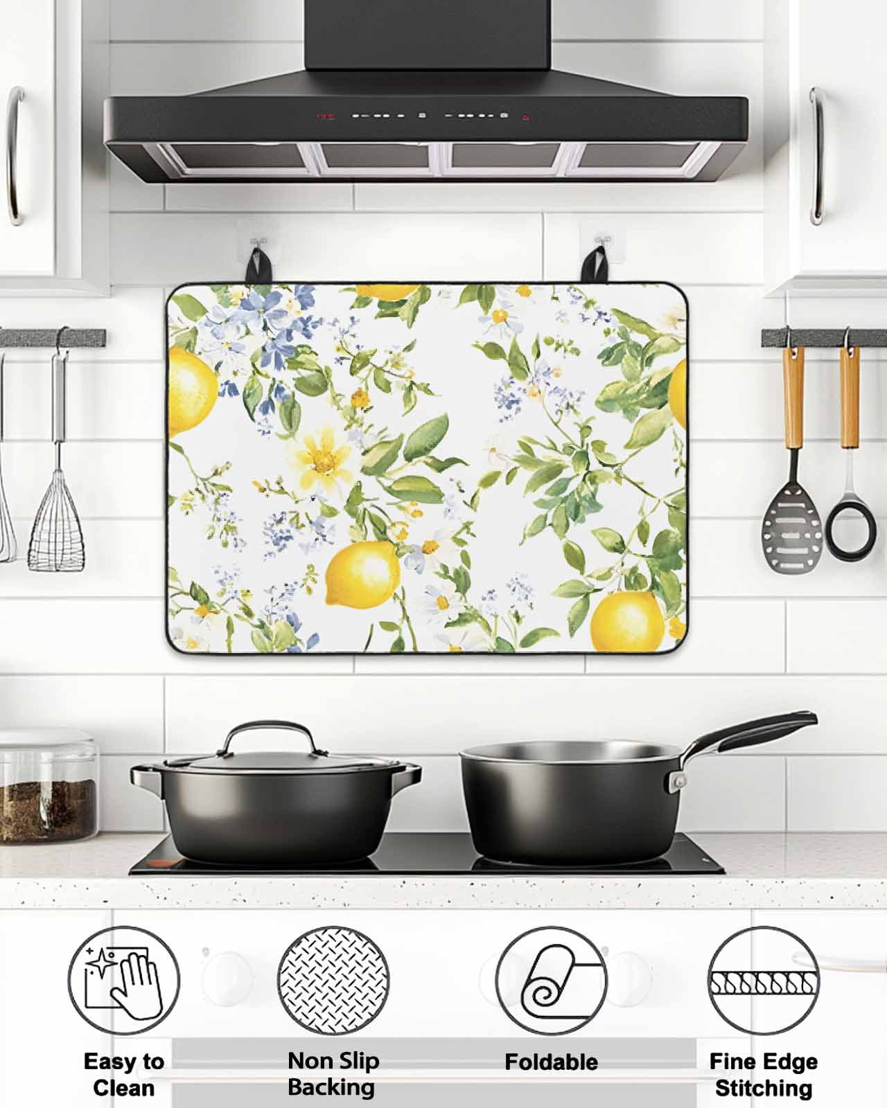 Stove Top Covers for Electric Stove, Summer Lemon Glass Stovetop Cover Protector, Watercolor Yellow Spring Floral Botanical Induction Cooktop Protector Oven Mat for Kitchen Countertop 24"x21"