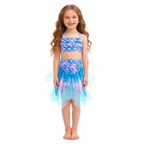 Laipiong Girls 3 Piece Bikini Sets Summer Trendy Glitter Mesh Scale Printed Ruffle Swimsuits Comfort Fit and Flowy Skirt Beach Vacation Swimwear