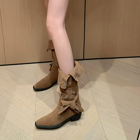 

VKEKIEO Plus Size Thigh High Boots Round Toe Low Heel Heels Ornamental Zipper Slip-On Khaki Winter Boots