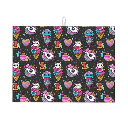 

Tebeau Rainbow Unicorn And Cat Icecream Print Dish Drying Mat for Kitchen Counter Dish Drying Pad with Non-slip Rubber Backed Hide Stain Anti Absorbent for Kitchen Counter Drying Mat