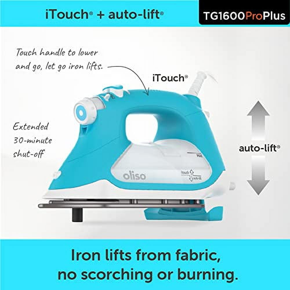 Oliso TG1600 Pro Plus 1800 Watt SmartIron with Auto Lift - for Clothes, Sewing, Quilting and Crafting Ironing | Diamond Ceramic-Flow Soleplate Steam Iron, Turquoise