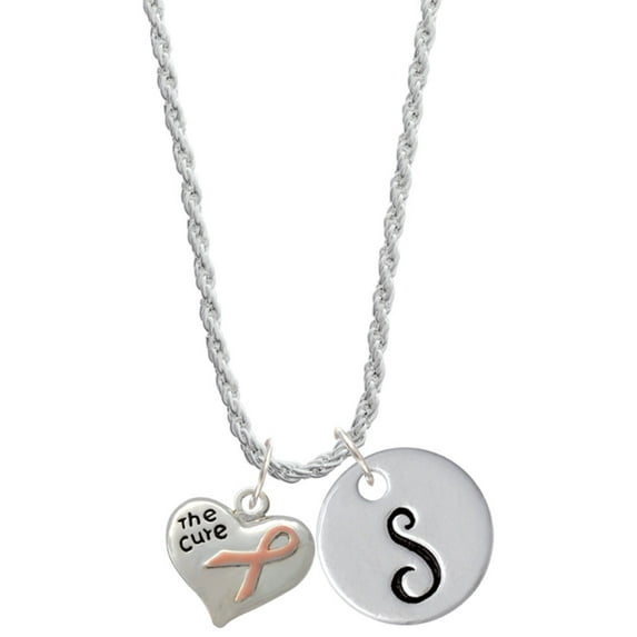 Delight Jewelry Silvertone Small Heart with Pink Ribbon ''The Cure'' Silvertone Script Initial Disc - S - Charm Necklace, 20"+3"