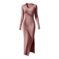 thumbnail image 6 of Ashyfjp Dresses for Women Casual Solid Color Vertical Ribbed Collared Long Sleeve Midi Dress with Side Split Hem, Stretchy Fitted Casual Wear, Size (S-XXL), 6 of 6
