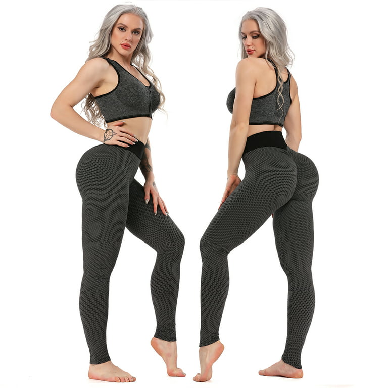 FITTOO Sexy Women Booty Yoga Pants High Waisted Honeycomb Ruched Butt Lift  Textured Tummy Control Scrunch Leggings 
