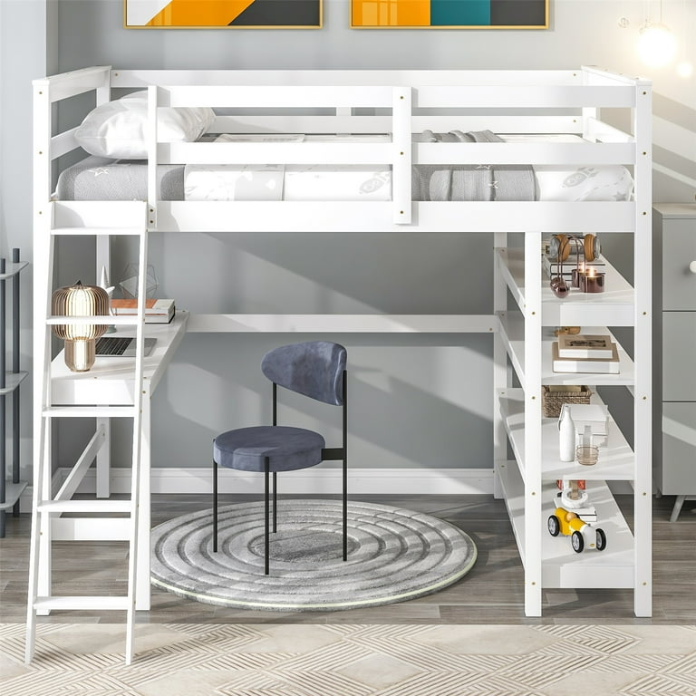 Full Size Loft Bed with Desk and Storage Shelves Solid Wood High