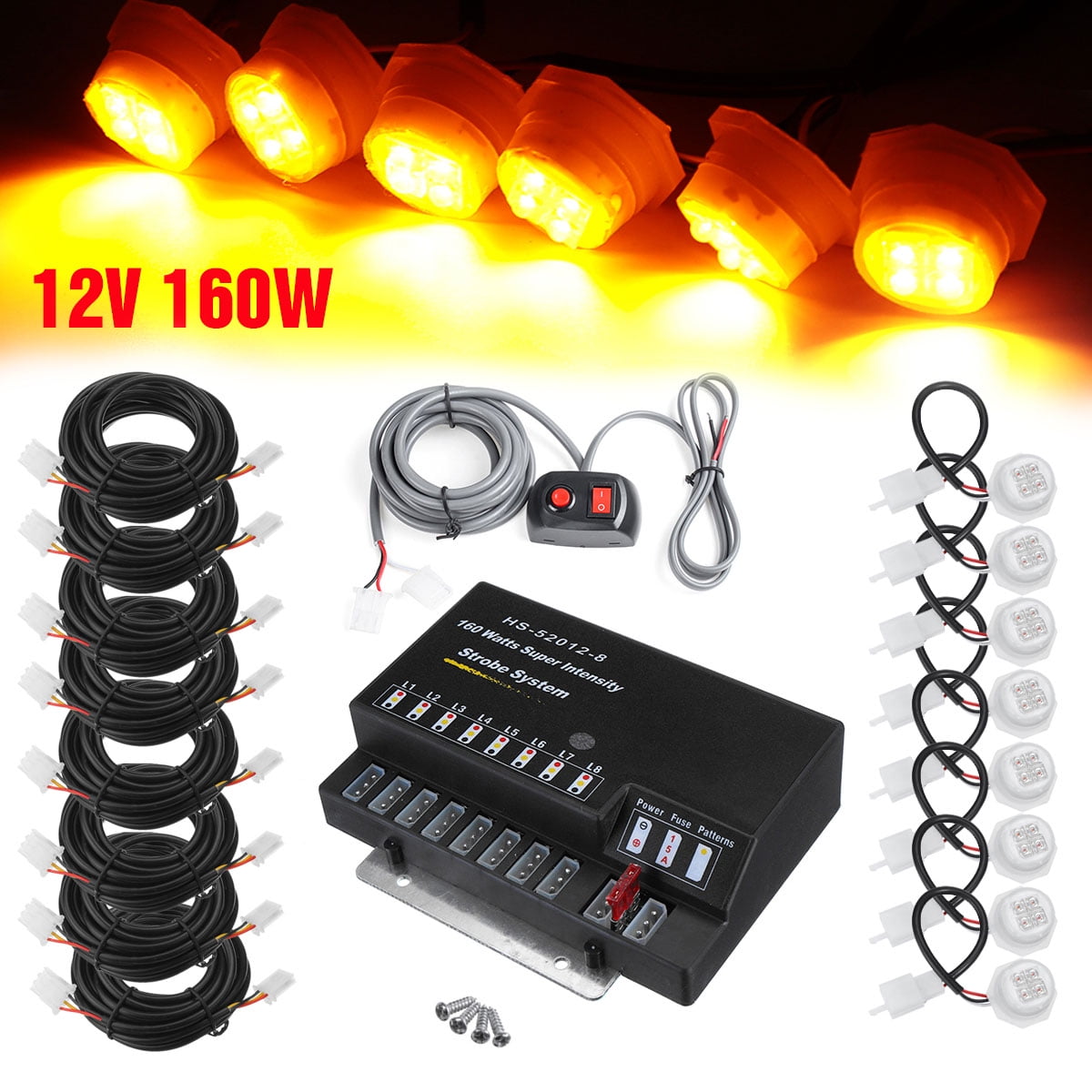 160W 8 LED 12V Bulbs Hide Away Emergency Hazard Warning Flash Strobe