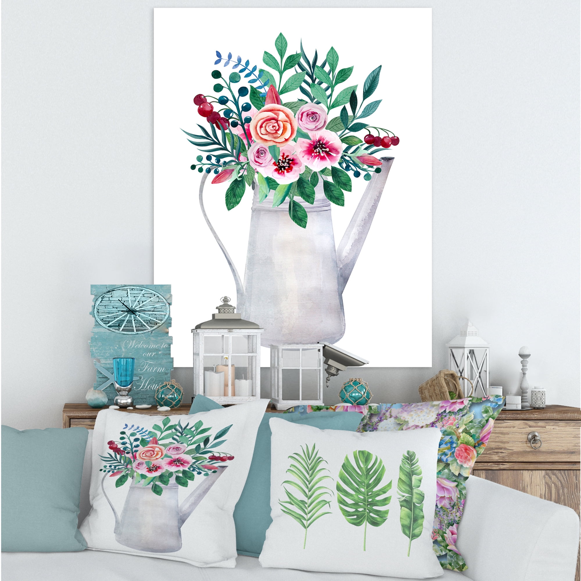 Designart ' Bouquets of Flowers In Rustic Flowering Pot With Berries ' Traditional Canvas Wall Art Print