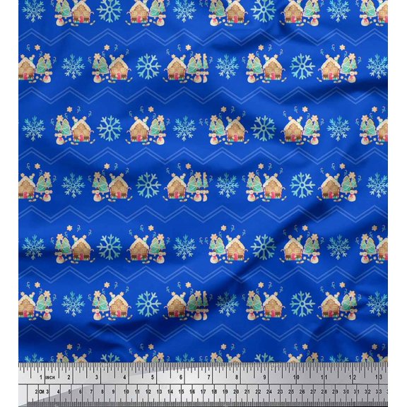 Soimoi Blue Cotton Voile Fabric Snowman & Snowflake Christmas Printed Craft Fabric by the Yard 42 Inch Wide