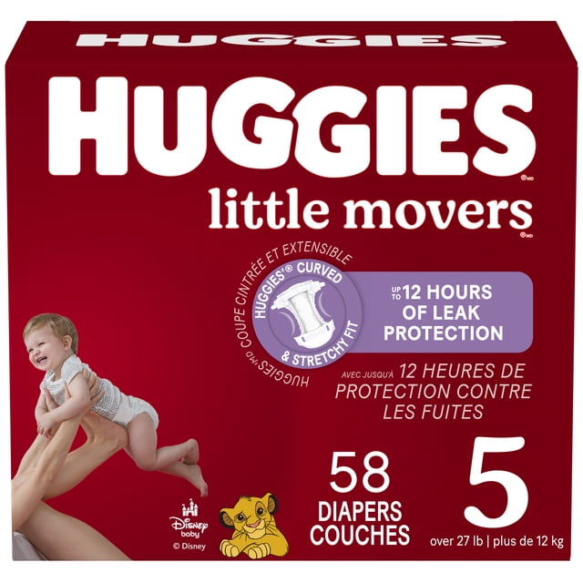 Huggies Little Movers Baby Diapers, Giga pack, Size 5 (27+ lbs), 58 Count