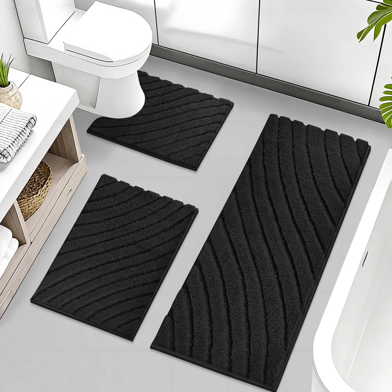 Findosom 3pcs Bathroom Rugs Set with U-Shaped Mat,Non Slip Machine Washable Wave Bath Mat,Ultra Soft Plush Shower Rugs for Bathroom,Tub,Shower18"x26"+18"x48"+U 20"x24"Black