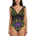 thumbnail image 2 of Daiia Mardi Gras5 Women's Ruffled One Piece Swimsuit V Neck Lace Up, Lace Swimwear-, 2 of 8
